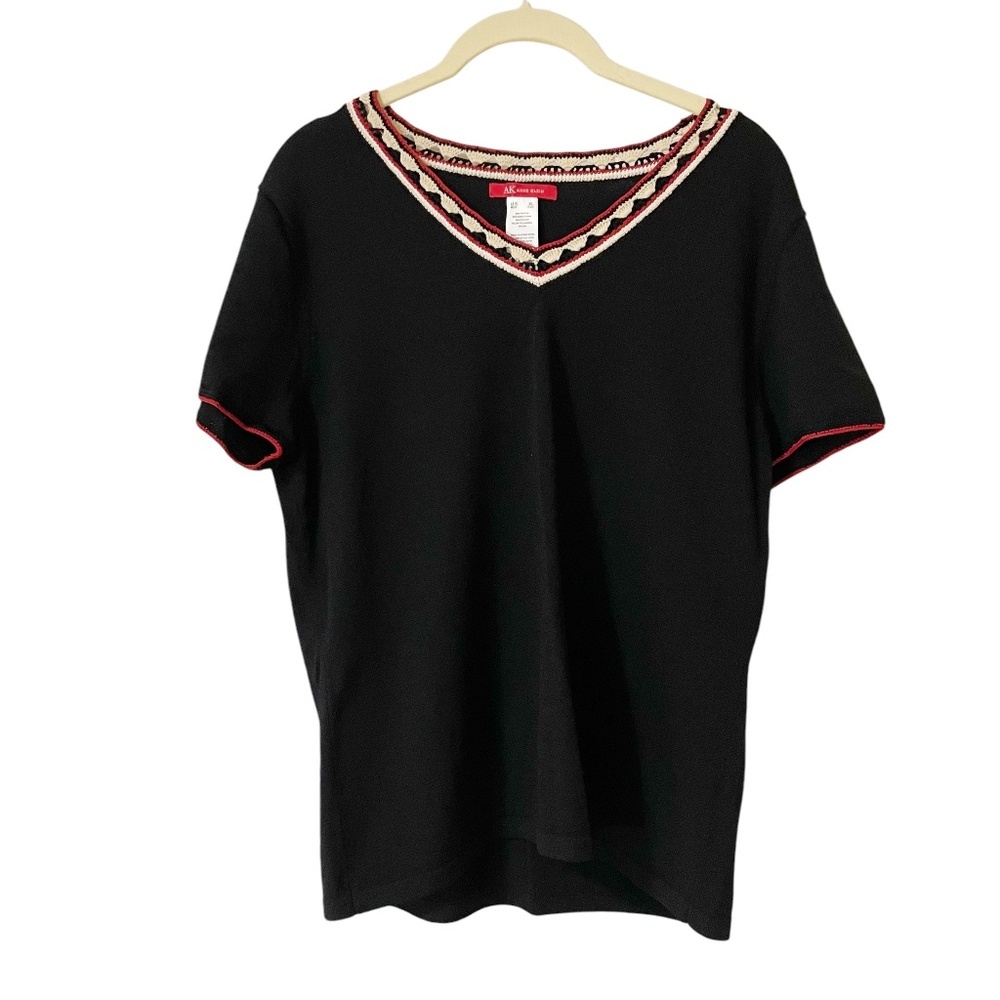 Anne Klein Vintage Black Short Sleeve Blouse XL Contrast Stitching Trim V-Neck